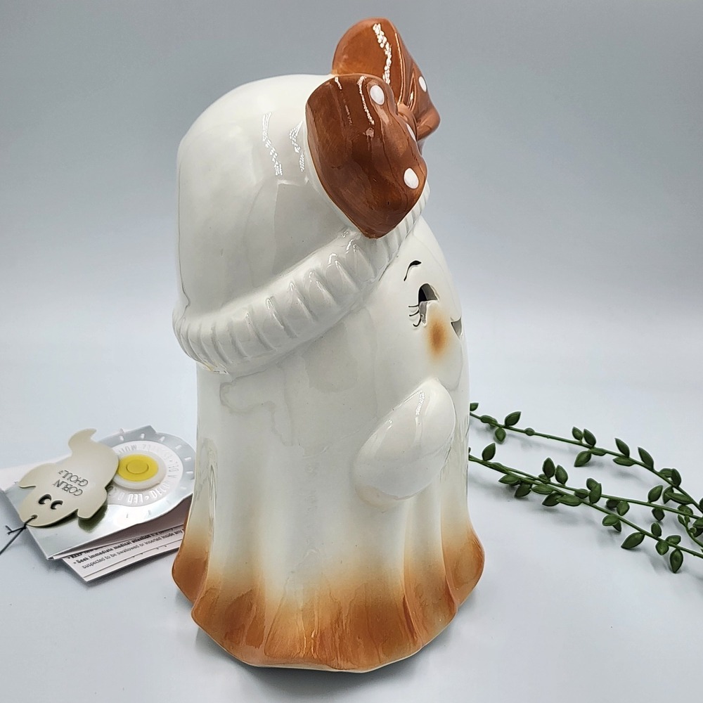 Goblin & Ghoul Ceramic Light Up Ghost Figurine White Brown Bow Halloween 10" NEW - Picture 6 of 9